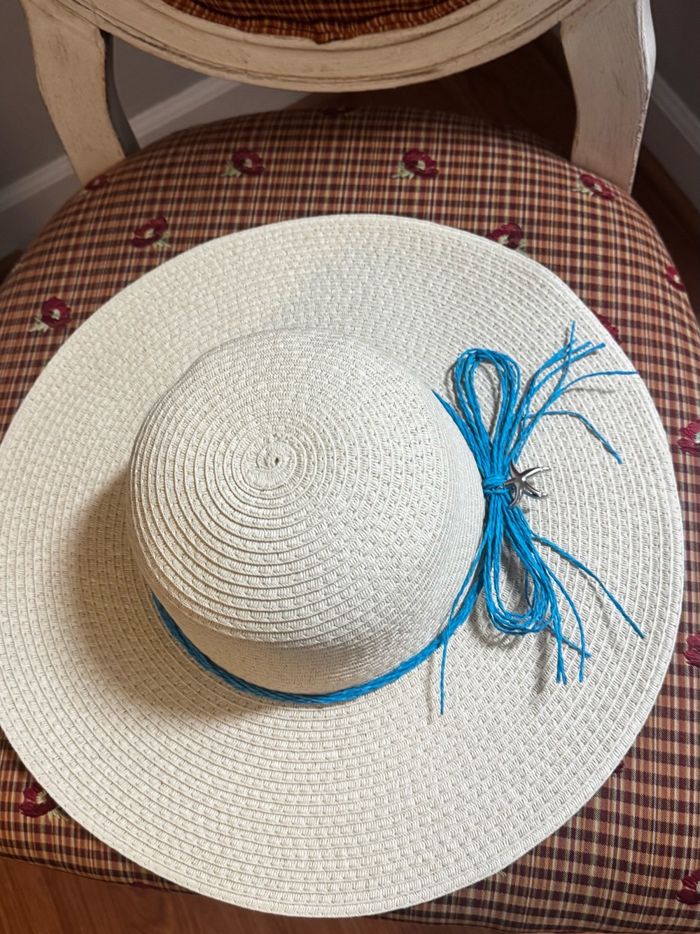 Wide Brim Straw Sun Hat with Turquoise Bow Accent
